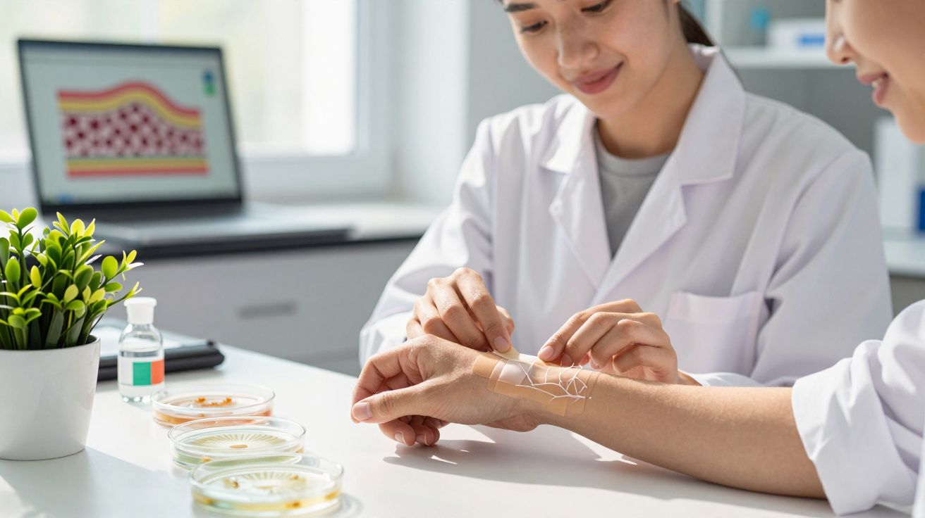 Médica a aplicar um adesivo transparente numa pele seca e danificada no braço de um paciente.