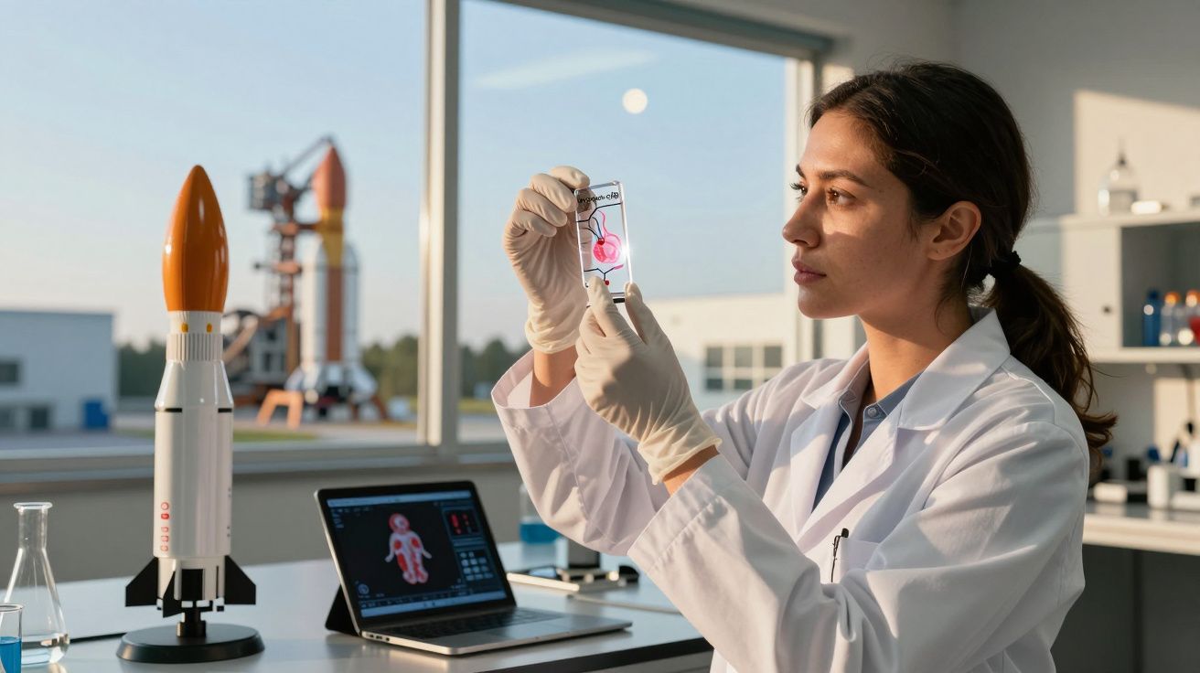 Mulher cientista analisa amostra com coração iluminado em laboratório tecnológico com modelo de foguete.