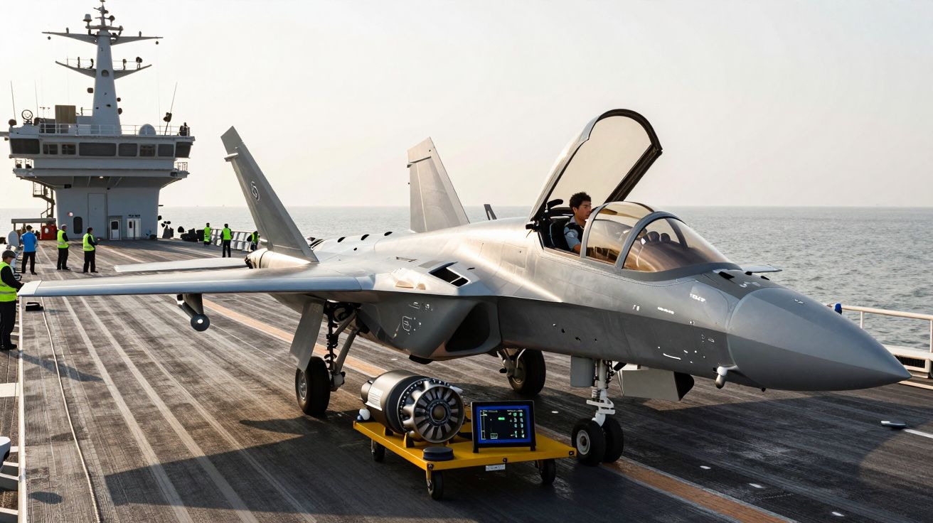 Avião militar com piloto na cabine aberto no convés de um porta-aviões no oceano.