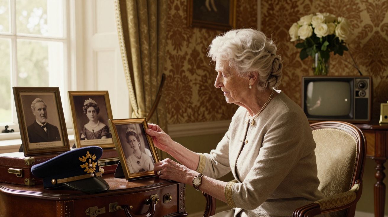 Idosa sentada a olhar fotografias antigas de família numa sala vintage decorada com papel de parede floral.