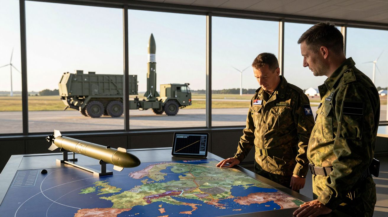Dois militares observam um mapa da Europa numa sala com uma mesa interativa e um míssil em exposição.
