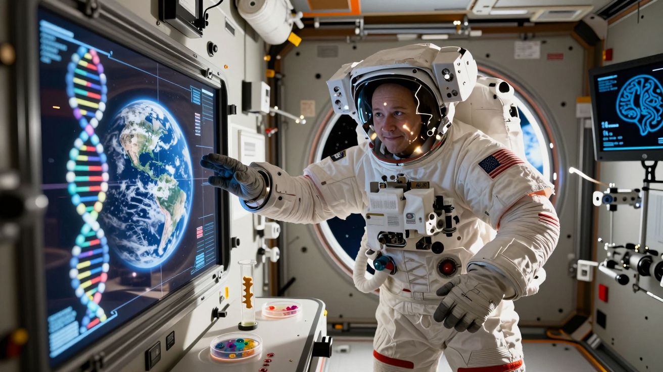 Astronauta em fato espacial interage com ecrã digital a mostrar ADN e o planeta Terra na estação espacial.