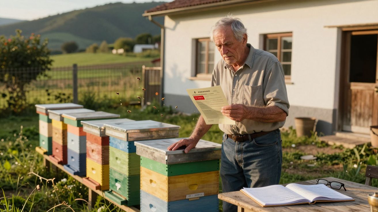 Idoso a ler documento junto a colmeias coloridas num apiário ao ar livre durante o dia.