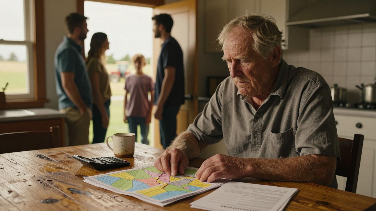 Idoso concentrado a analisar mapa na mesa, enquanto familiares conversam ao fundo na cozinha.