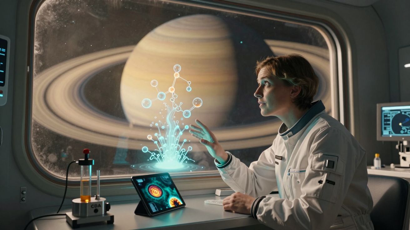 Astronauta numa nave espacial analisa projeção holográfica com planeta anelado ao fundo pela janela.