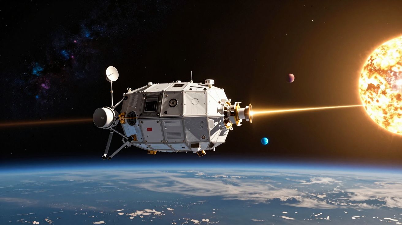 Nave espacial em órbita terrestre a emitir feixe de luz potente em direção ao sol.