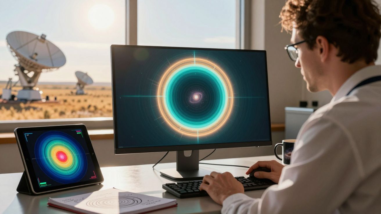 Cientista a analisar dados de círculos coloridos em monitor e tablet, com antenas parabólicas ao fundo.