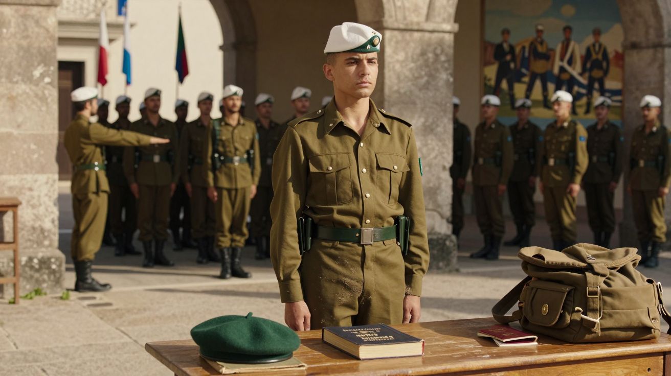 Soldado em formação militar formal, em uniforme castanho e boina branca, numa cerimónia ao ar livre.