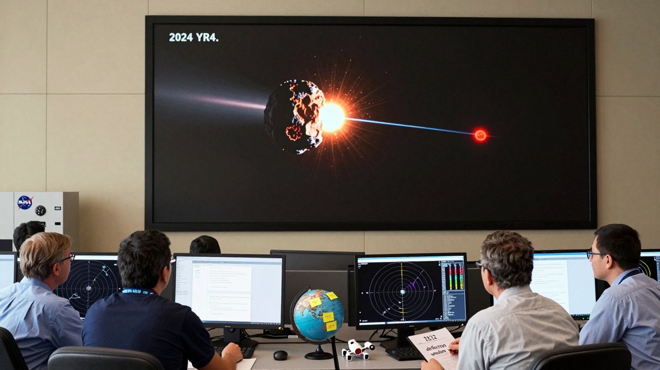 Equipa de cientistas observa monitor com imagem de asteróide 2024 YR4 perto do sol em sala de controlo.