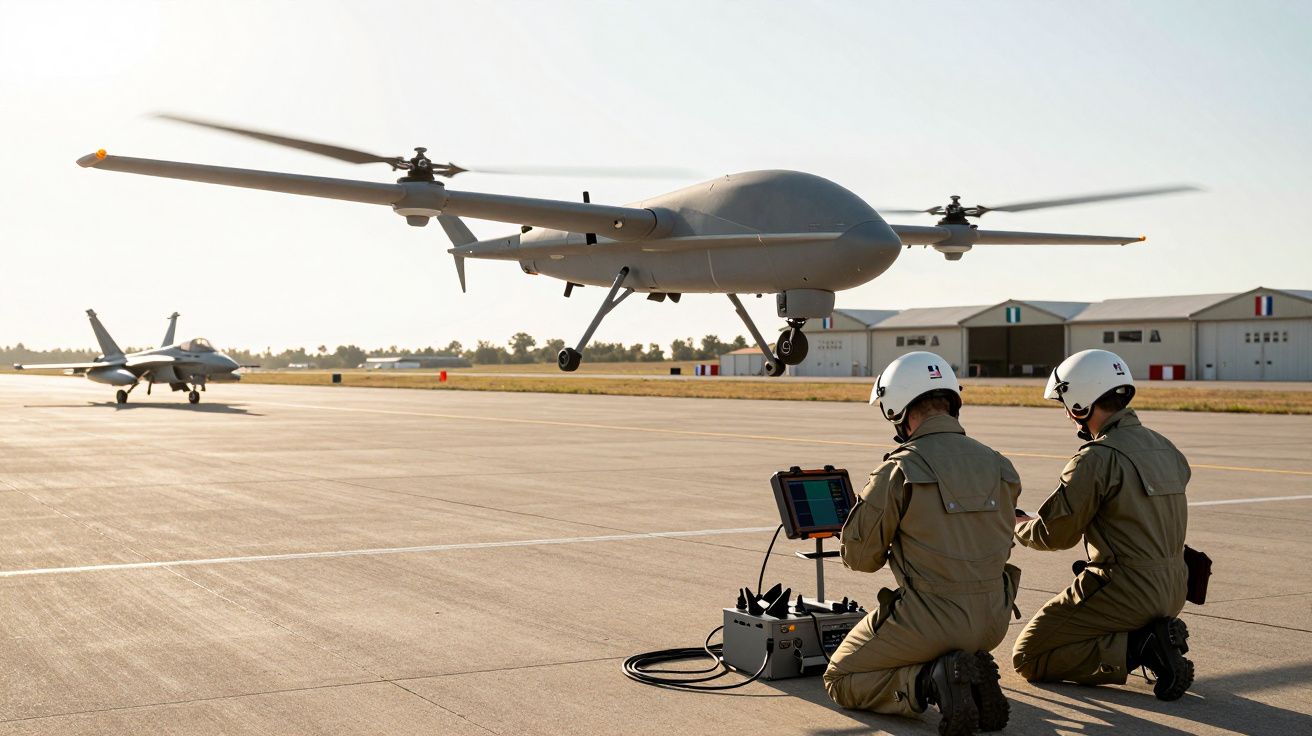 Dois militares operam um drone militar a descolar numa pista de aeroporto com um avião ao fundo.
