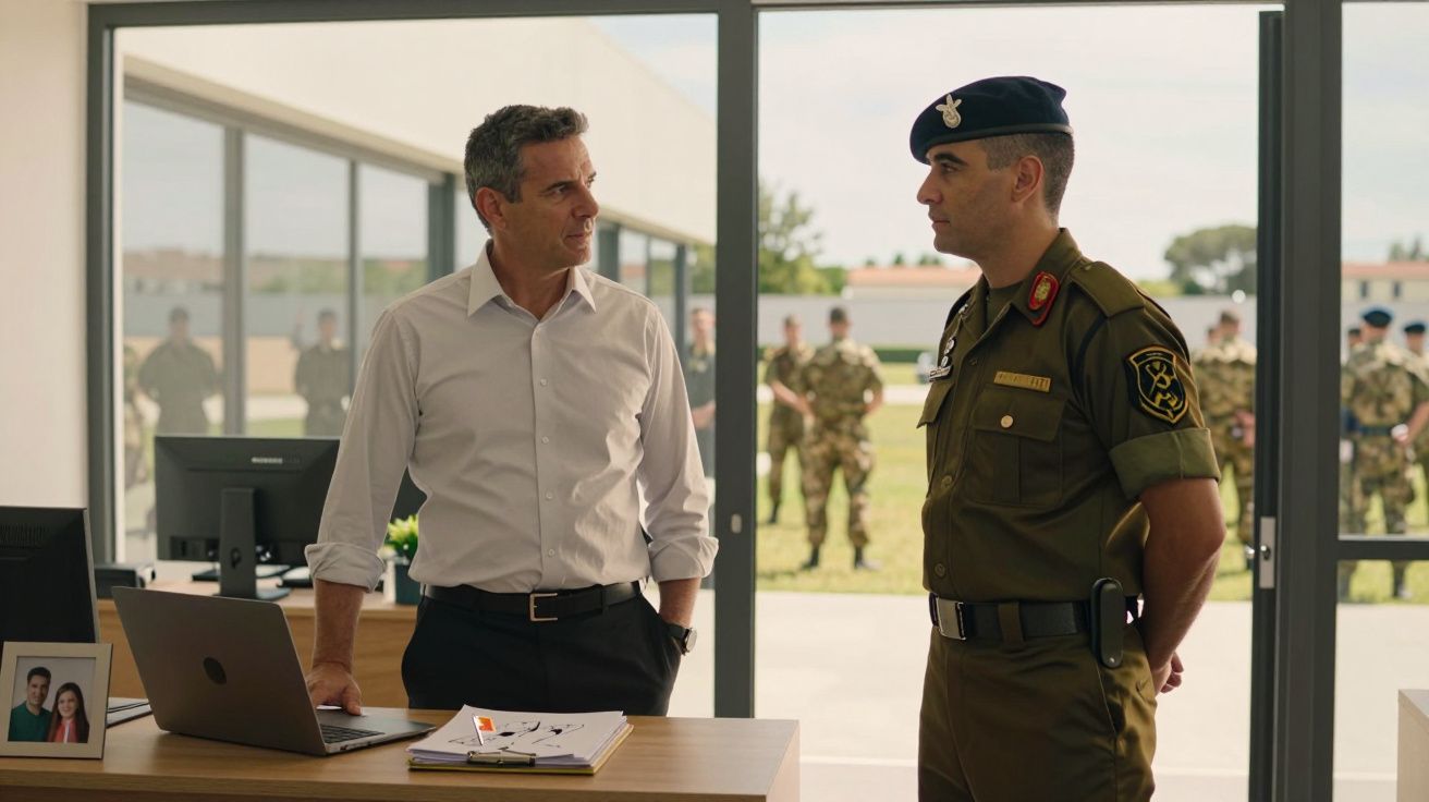 Dois homens conversam, um em fato formal e outro em uniforme militar, num escritório com vista para militares ao ar livre.