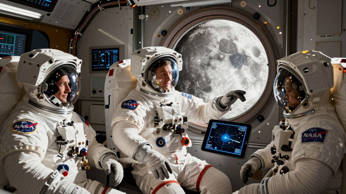 Três astronautas em fato espacial dentro de uma nave, com a Lua visível pela janela circular.