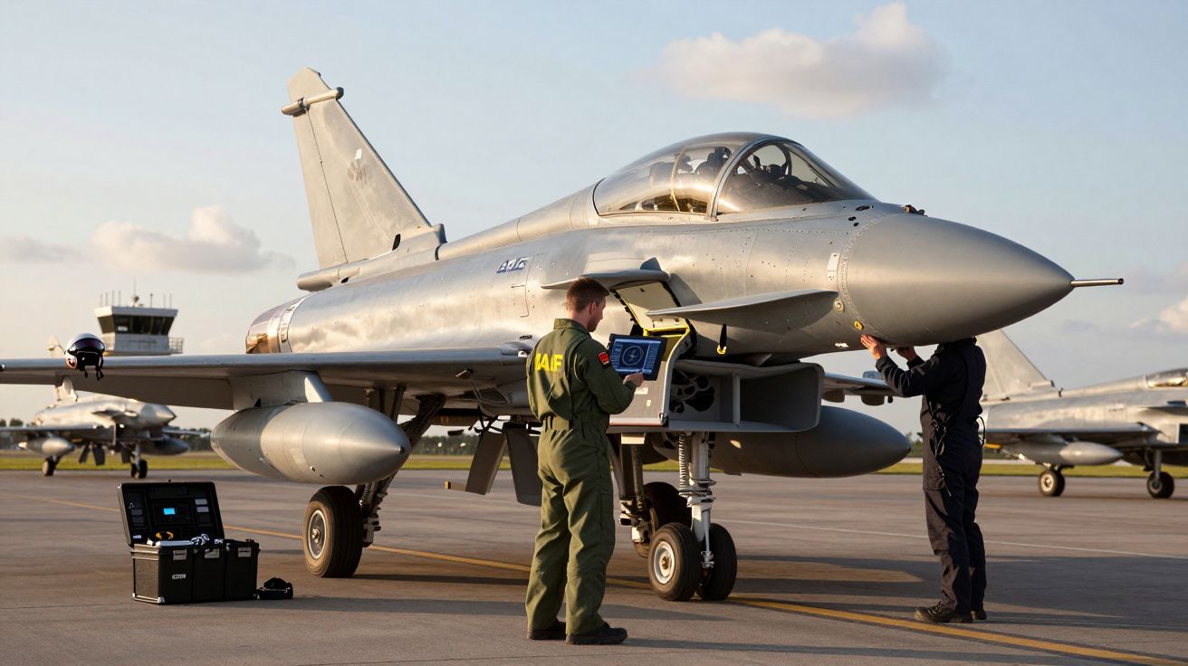 Dois técnicos a inspecionar um caça militar estacionado num aeroporto com céu parcialmente nublado.