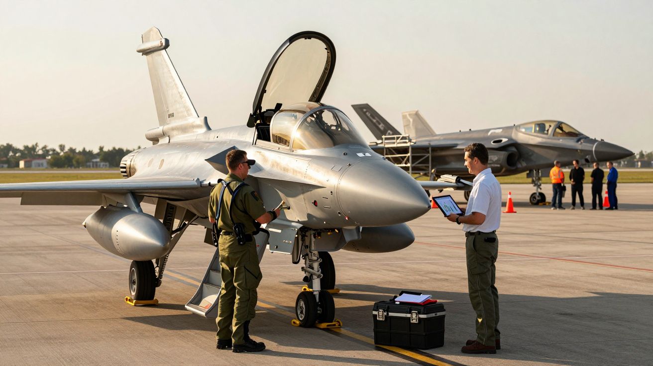 Dois militares inspecionam um caça Rafale estacionado numa pista de aeroporto ao entardecer.