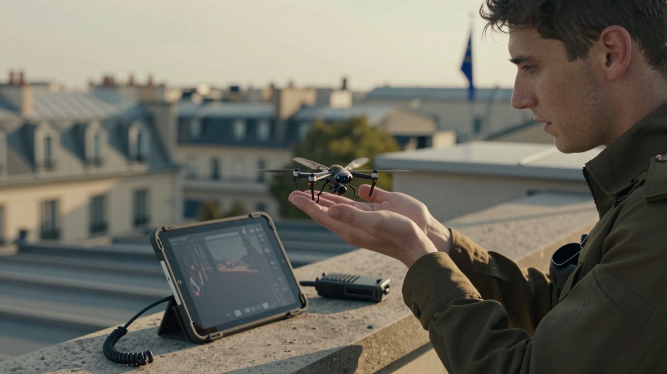 Homem segura um drone preto com tablet e prédios ao fundo numa varanda ao ar livre.