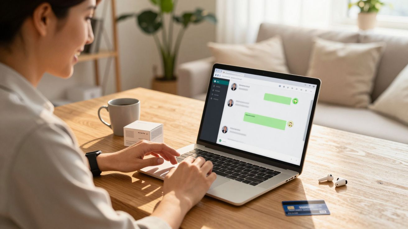 Pessoa a conversar por mensagem num computador portátil numa mesa de madeira, com cartão de crédito e auscultadores.