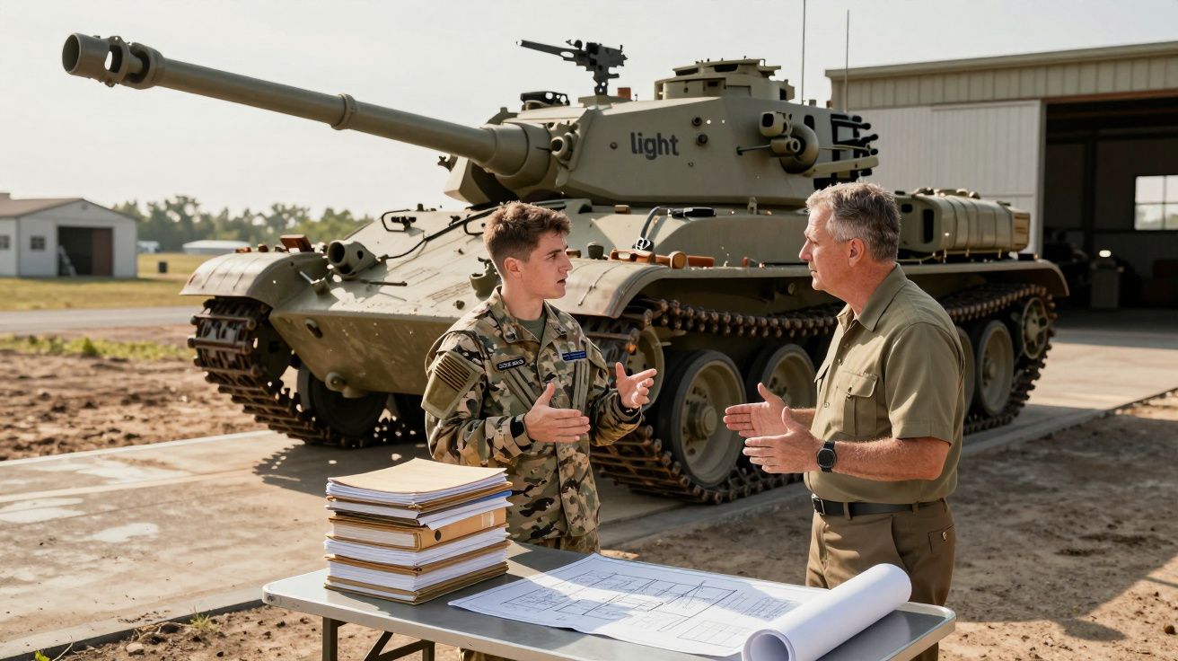 Dois militares em frente a um tanque discutem planos sobre uma mesa com documentos e plantas.