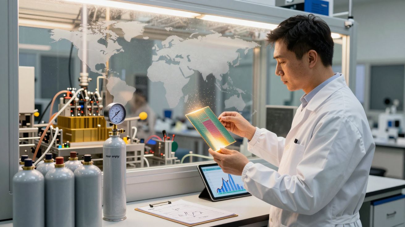 Cientista em laboratório a analisar um painel tecnológico brilhante com gráficos e equipamentos científicos.