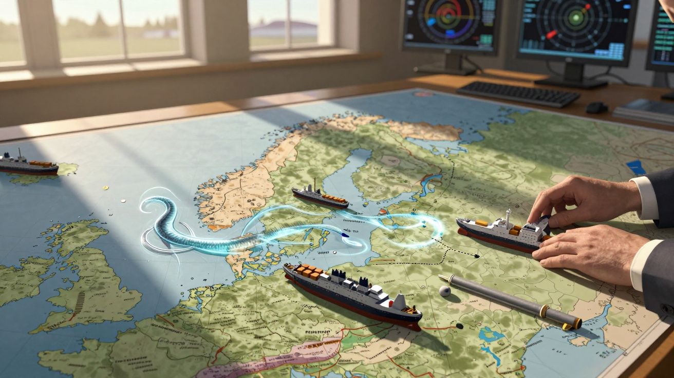 Mapa da Europa com navios de brincar e uma criatura brilhante representando um polvo gigante.