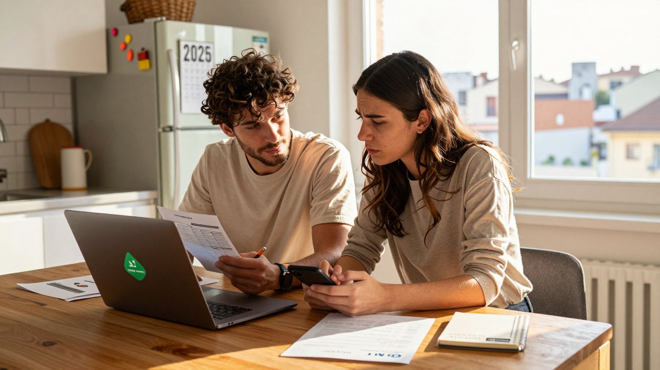 Casal jovem sentado à mesa na cozinha, a analisar documentos e usar portátil e telemóvel.
