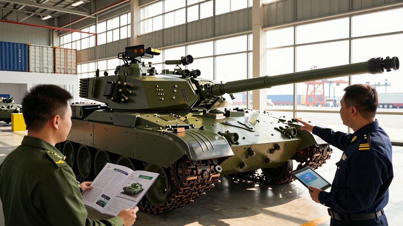 Dois militares inspeccionam e discutem um tanque verde dentro de um grande hangar iluminado.