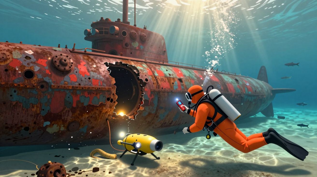 Mergulhador em fato laranja explora submarino oxidado com robô amarelo no fundo do mar iluminado pelo sol.