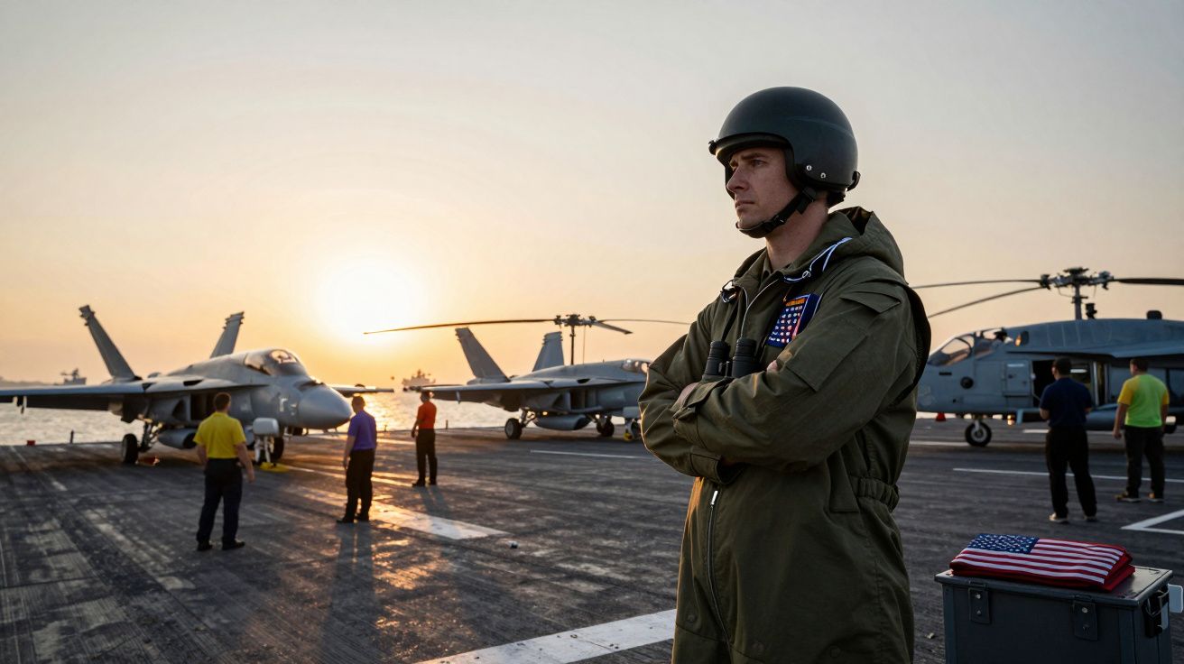 Militar com capacete e binóculos na pista de um porta-aviões ao pôr do sol, com aviões e helicóptero ao fundo.