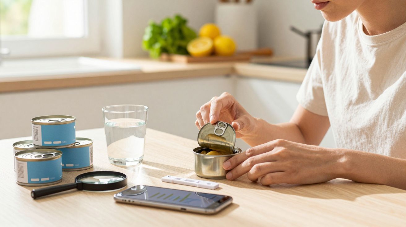 Pessoa a abrir uma lata de atum na cozinha com copo de água, smartphone, lupa e teste rápido na mesa.
