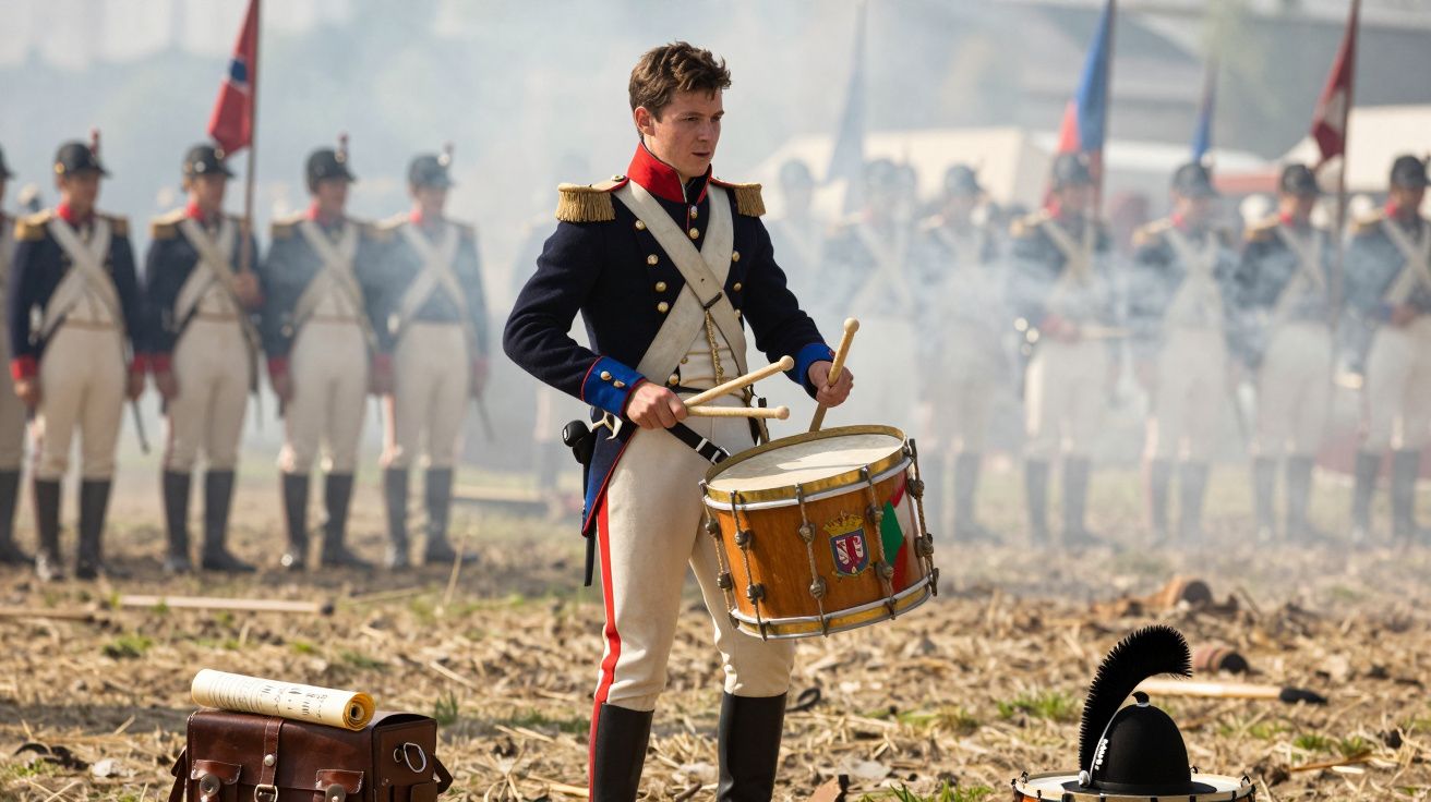 Jovem fardado histórico toca tambor em campo de batalha com soldados alinhados ao fundo entre névoa.