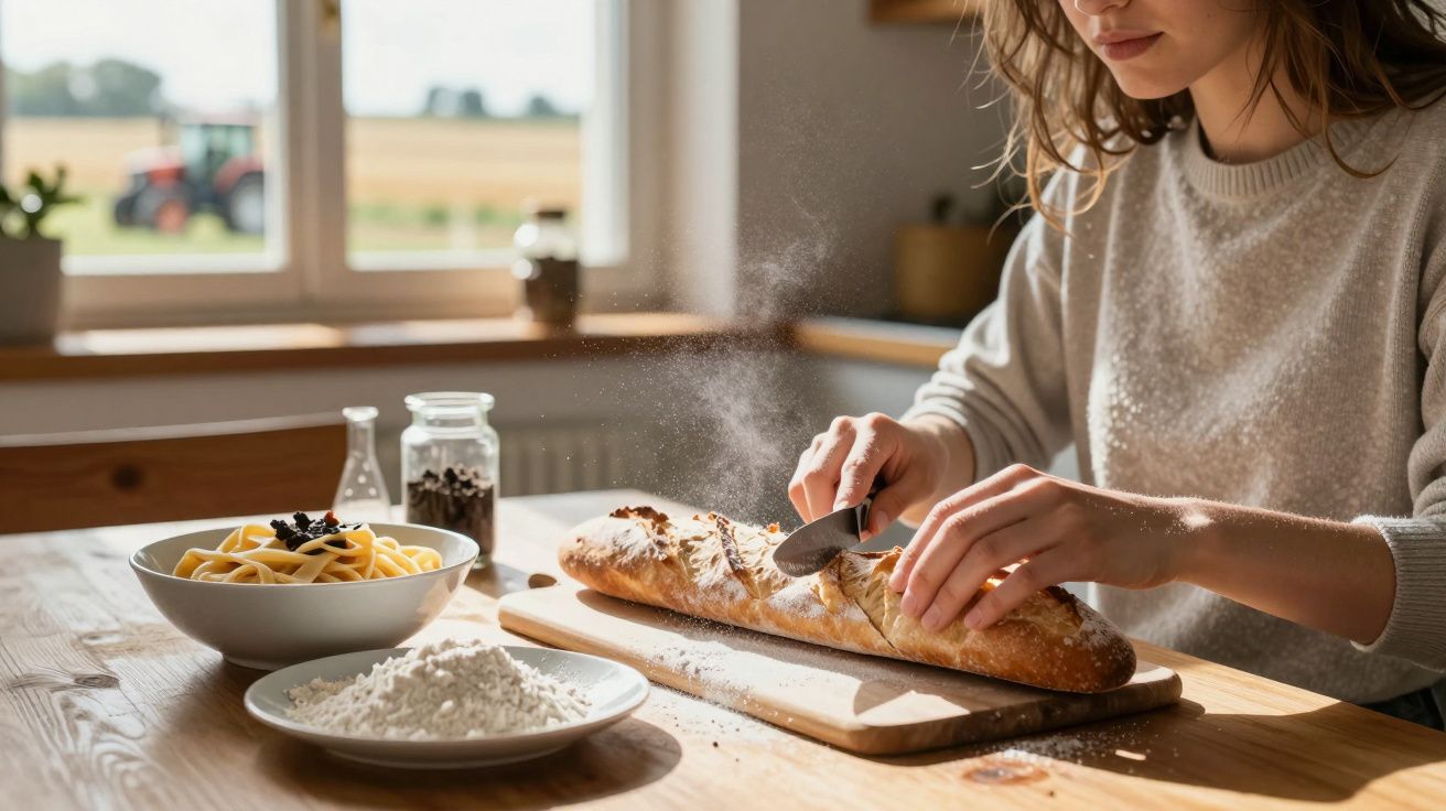 Mulher a cortar pão fresco numa tábua de madeira numa cozinha iluminada com massa e ingredientes à sua frente.
