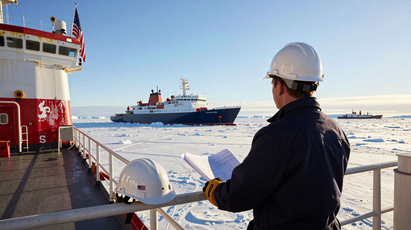 Homem com capacete branco e luvas amarelas observa navios no gelo ártico sob céu limpo.