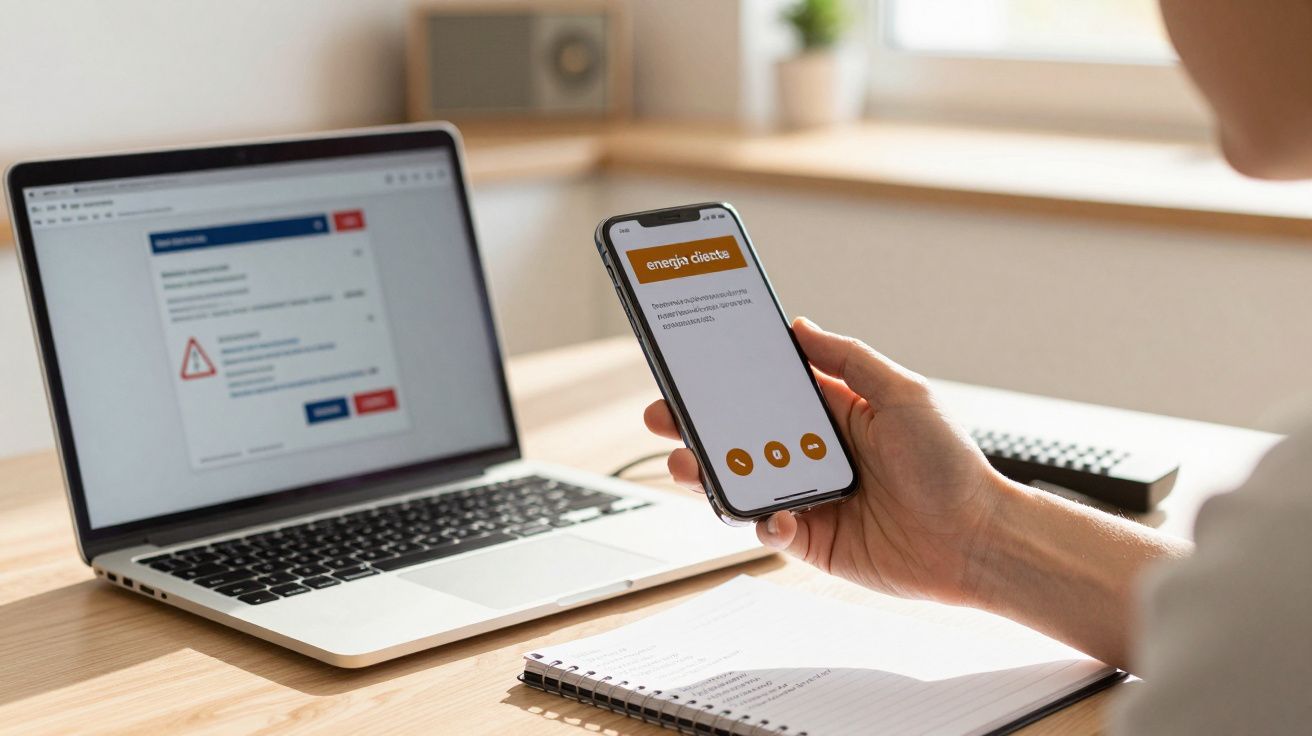 Pessoa a segurar telemóvel com app de energia direta aberta, ao lado de computador portátil e bloco de notas numa secretária.