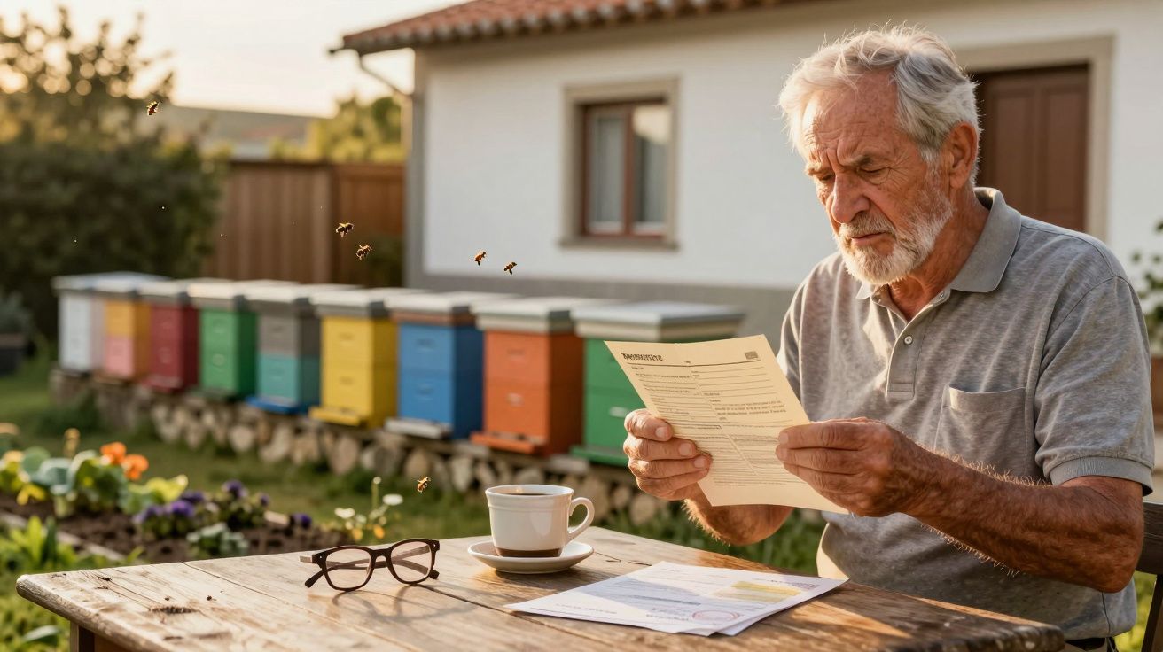 Homem idoso lê documentos junto a colmeias coloridas, com copo de café e óculos na mesa de madeira.