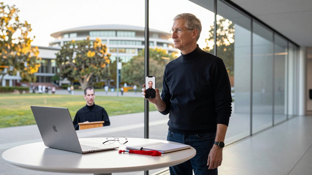Homem de camisa preta segura telemóvel com vídeo chamada na mão, em frente a mesa com portátil e óculos.