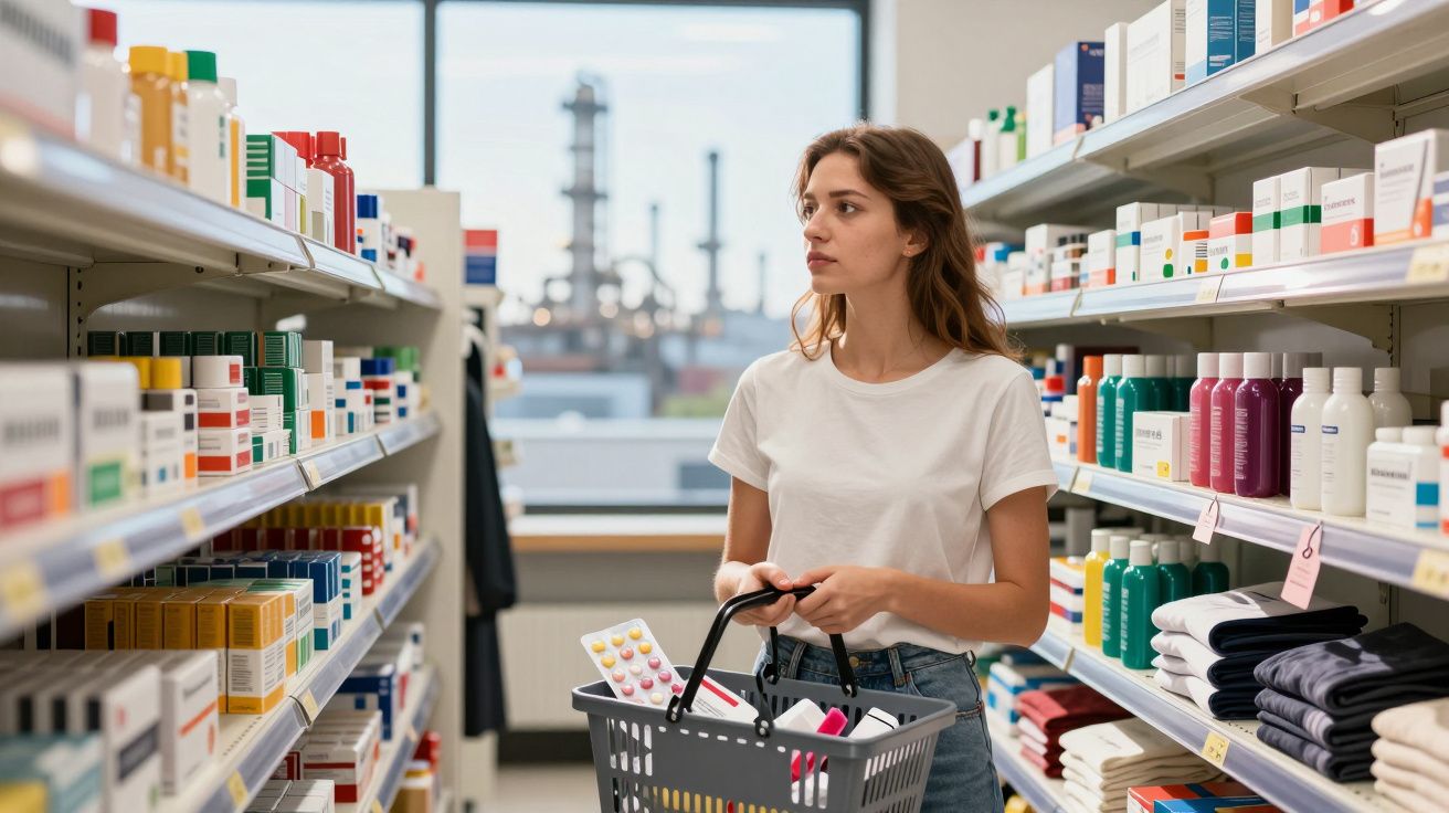 Mulher de camiseta branca a fazer compras numa loja, com cesta e prateleiras cheias de produtos à sua volta.