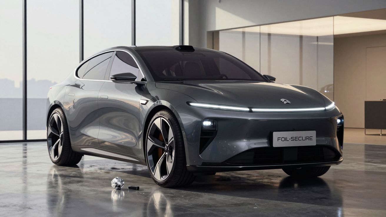 Carro elétrico cinza escuro com design moderno estacionado em piso interior reflexivo.