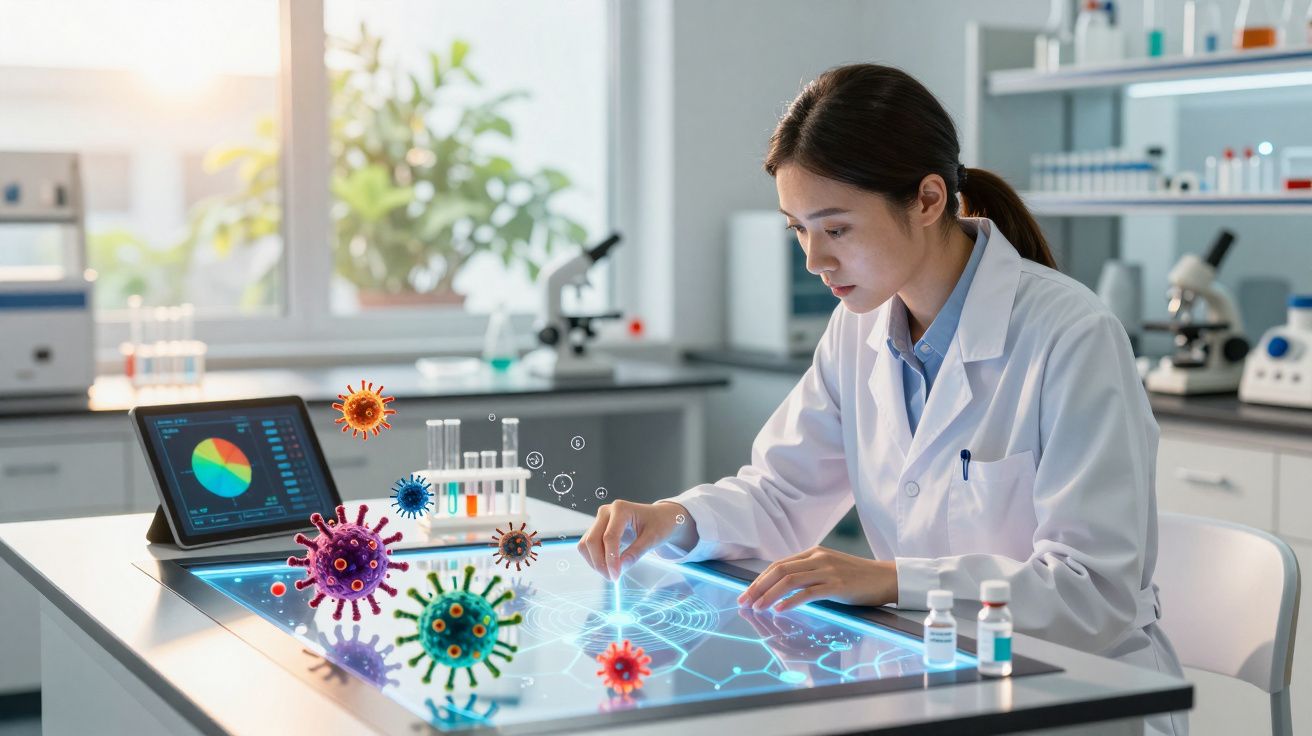 Cientista em laboratório a analisar vírus numa mesa digital interativa com gráficos e amostras.