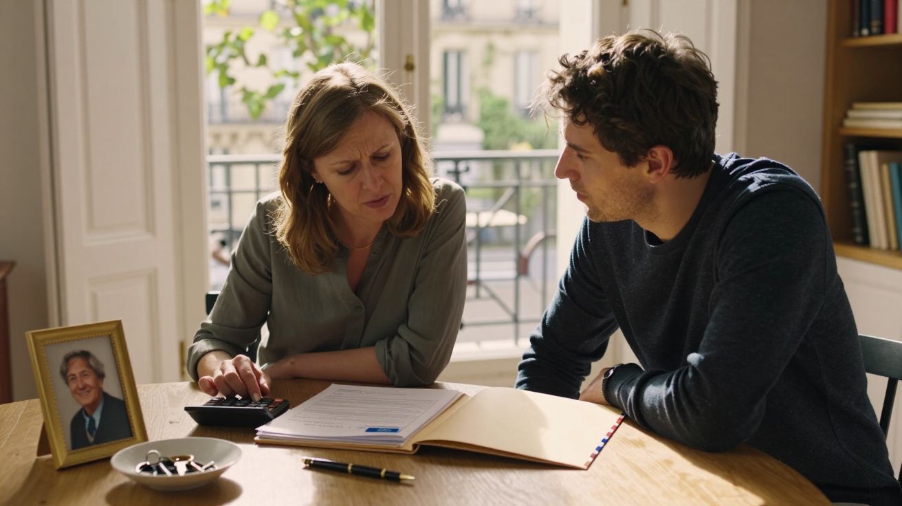 Duas pessoas sentadas à mesa, a analisar documentos, com calculadora e fotografia em moldura.