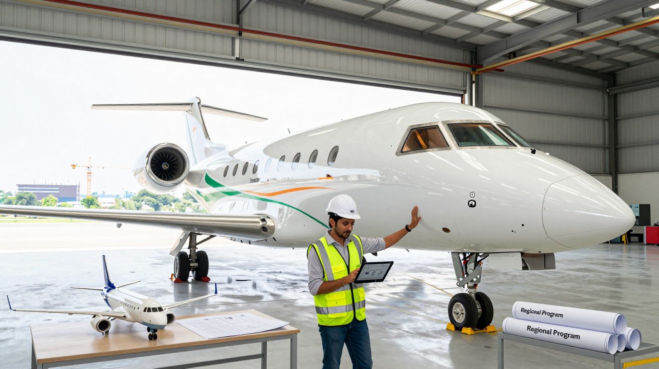 Técnico com colete e capacete a inspecionar jato privado numa hangar, com maquete e planos na mesa.