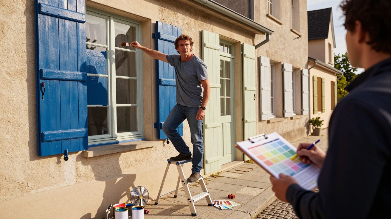Homem com pincel pinta caixilho azul de janela enquanto outro segura paleta de cores junto a parede de casa.