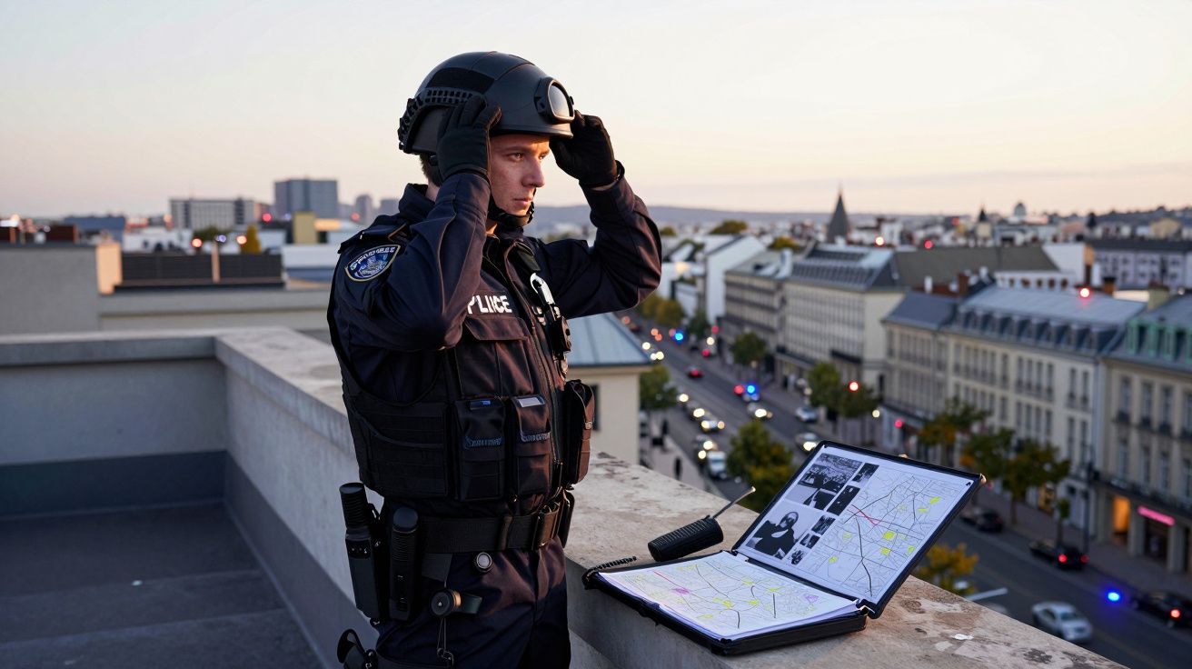 Agente policial com colete e capacete ajustando capacete na varanda de um prédio, com mapa aberto à frente.