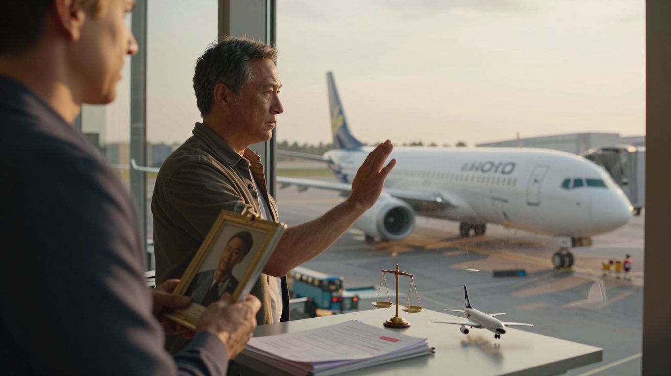 Homem a olhar para avião no aeroporto, outro segura fotografia emoldurada, ambiente com documentos e modelo de avião.