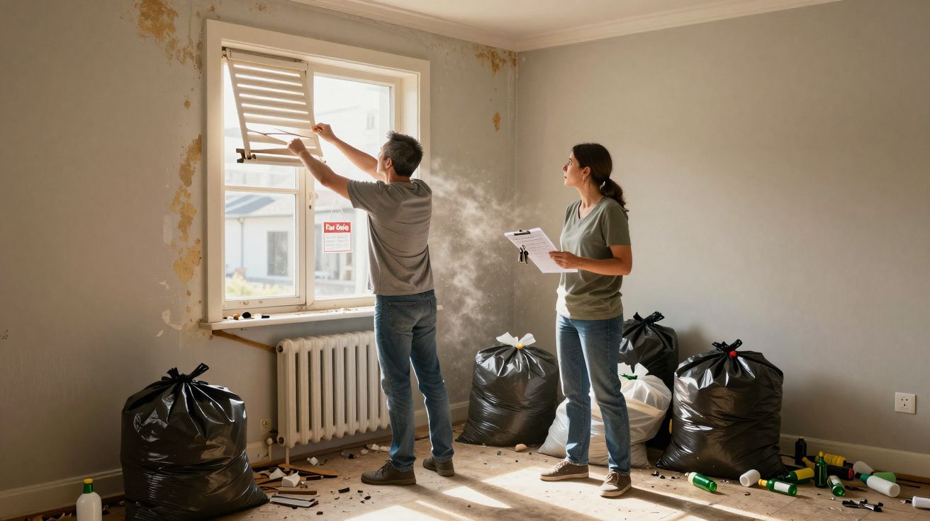 Casal inspeciona uma casa para arrendamento, com sacos de lixo e lixo espalhado no chão.