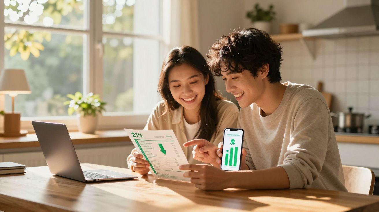 Jovem casal sentado à mesa a analisar documentos e gráficos financeiros num ambiente doméstico iluminado.