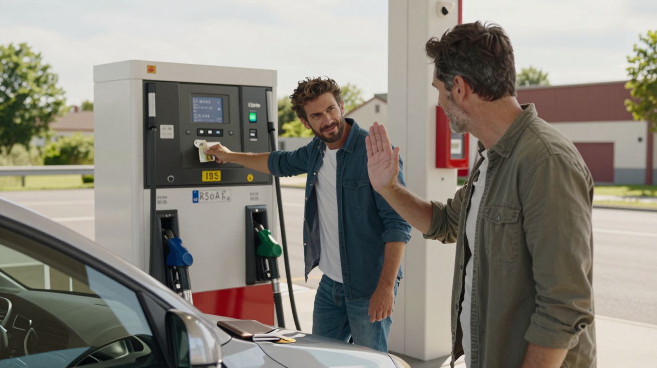 Dois homens num posto de combustível, um paga e o outro cumprimenta com um cumprimento de mão.