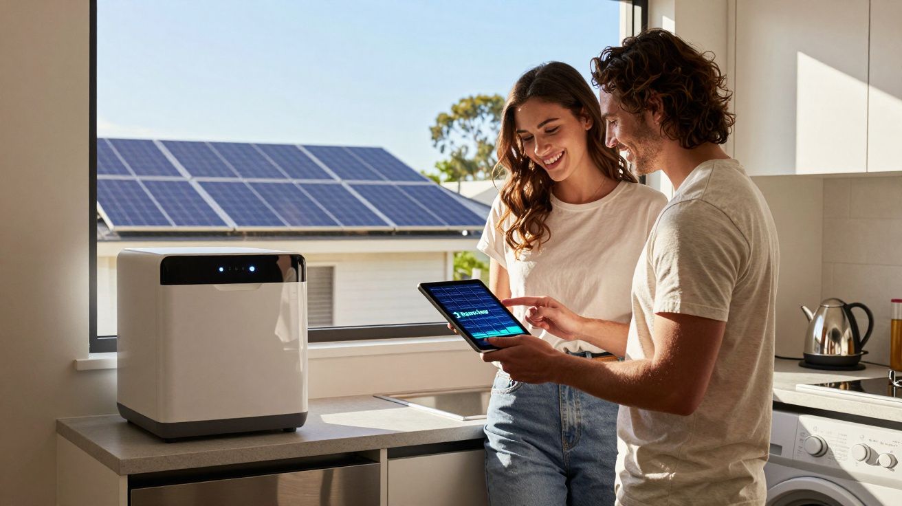 Casal a olhar para tablet numa cozinha, painel solar visível através da janela, aparelho tecnológico na bancada.