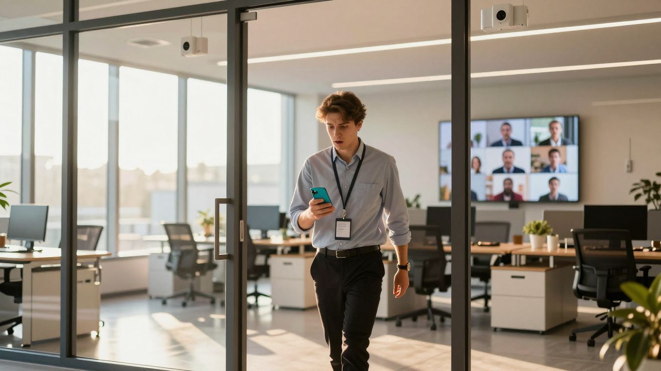 Homem jovem a andar num escritório moderno, a olhar para o telemóvel, com videoconferência visível ao fundo.