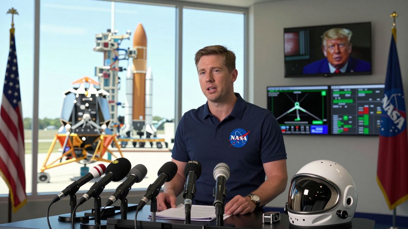 Homem com camisa NASA fala em conferência com vários microfones, capacete espacial, bandeiras e modelos espaciais ao fundo.
