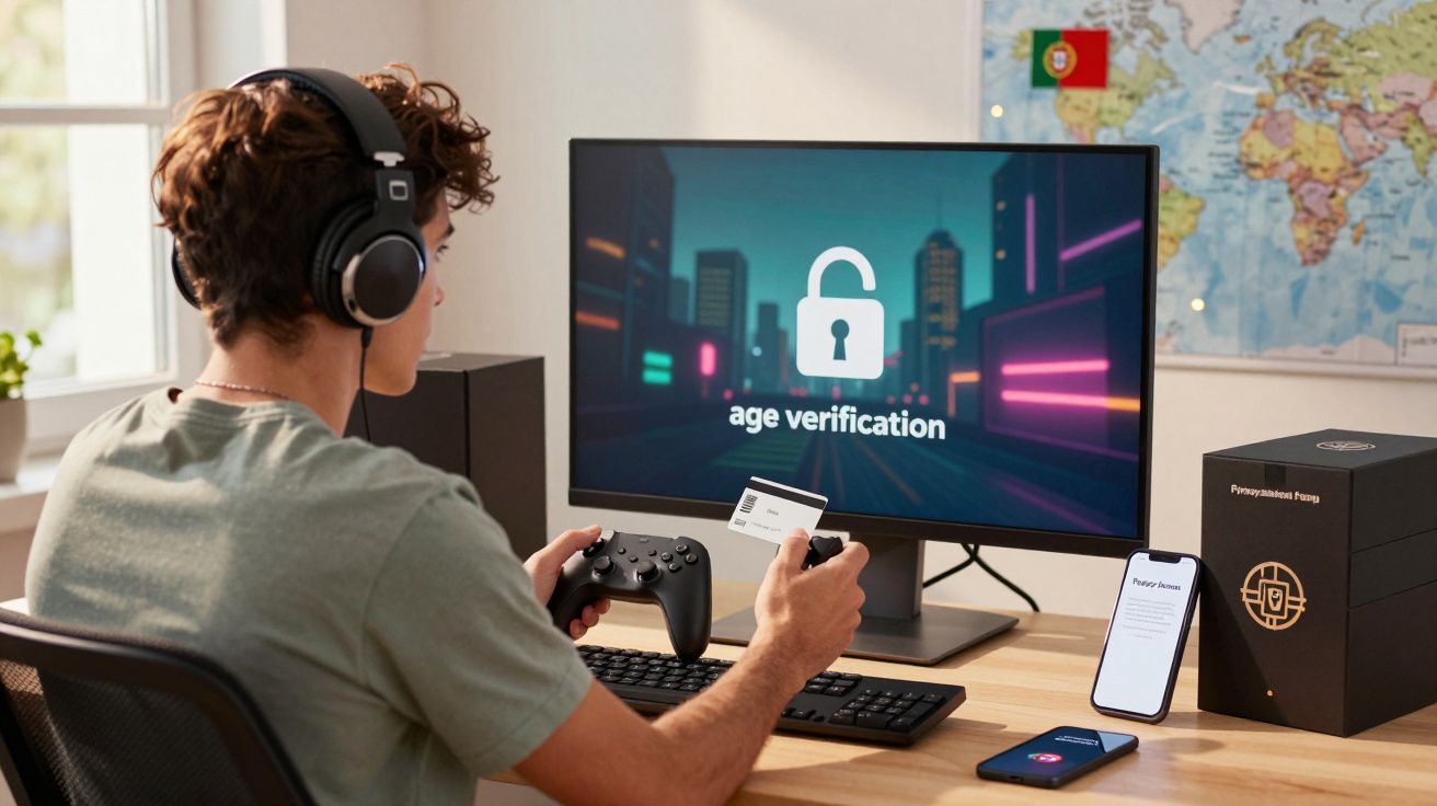 Jovem com auscultadores segura comando e cartão à frente de écran com verificação de idade.