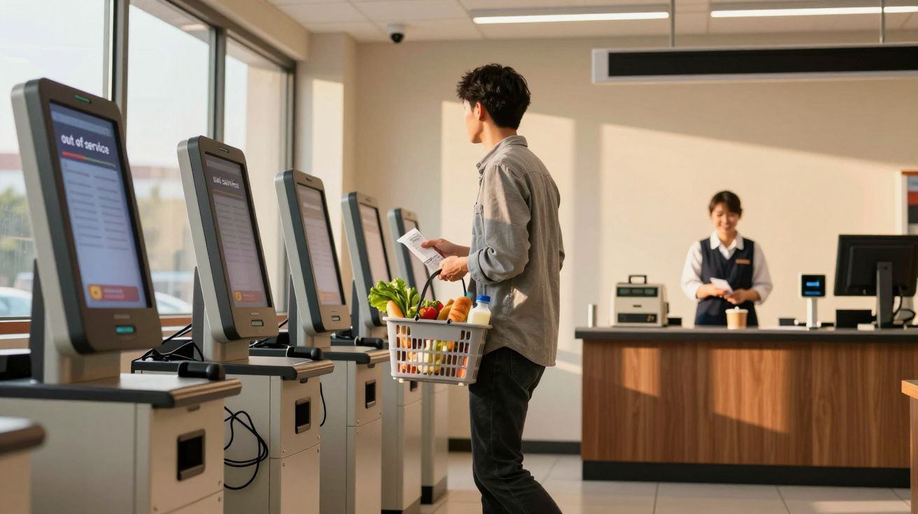 Homem a usar caixa de self-checkout num supermercado, com cesto de compras e funcionário ao fundo.